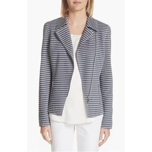 Lafayette 148 New York Striped‎ Moto Jacket Blazer Womens Size 14 Navy White